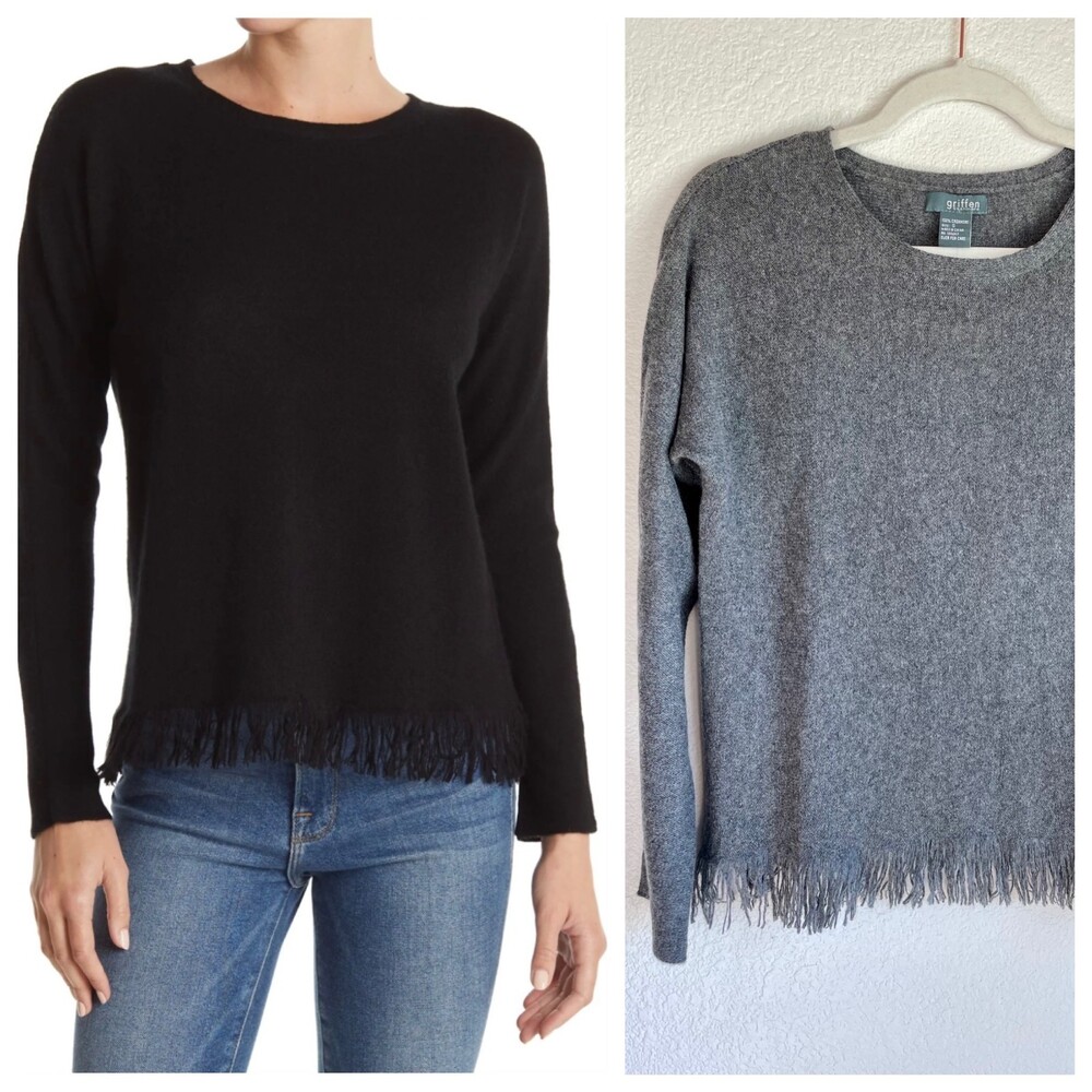 NWT Griffen 100% Cashmere Fringed Hem Pullover Sweater Gray Small Nordstrom Rack